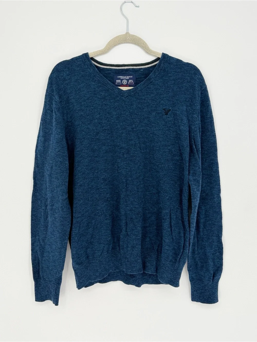 American Eagle Men's Y2K Heather Blue V-Neck Sweater | Size Large | Athletic Fit